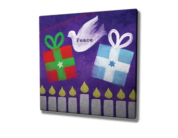 Lerretsbilde 45x45 cm - Fargerike gaver med en fredsdue i en leken komposisjon - Grønn / Rød / Lilla - Interiør - Maleri & posters - Lerretsbilder