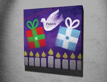 Lerretsbilde 45x45 cm - Fargerike gaver med en fredsdue i en leken komposisjon - Grønn / Rød / Lilla - Interiør - Maleri & posters - Lerretsbilder