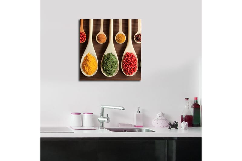 Lerretsbilde 45x45 cm - Fargerike krydder i treskjeer - Gul / Grønn / Rød - Interiør - Maleri & posters - Lerretsbilder