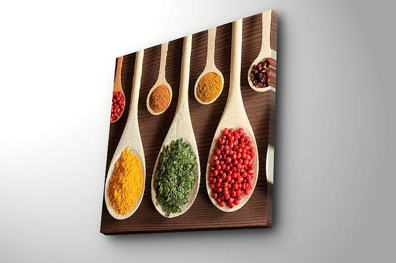 Lerretsbilde 45x45 cm - Fargerike krydder i treskjeer - Gul / Grønn / Rød - Interiør - Maleri & posters - Lerretsbilder