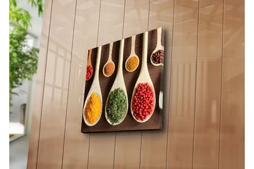 Lerretsbilde 45x45 cm - Fargerike krydder i treskjeer - Gul / Grønn / Rød - Interiør - Maleri & posters - Lerretsbilder