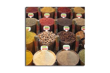 Lerretsbilde 45x45 cm - Fargerike krydderkrukker i en markedsbod - Rød / Gul / Brun - Interiør - Maleri & posters - Lerretsbilder