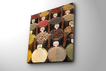 Lerretsbilde 45x45 cm - Fargerike krydderkrukker i en markedsbod - Rød / Gul / Brun - Interiør - Maleri & posters - Lerretsbilder
