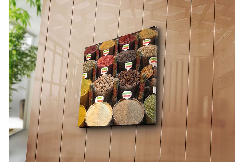 Lerretsbilde 45x45 cm - Fargerike krydderkrukker i en markedsbod - Rød / Gul / Brun - Interiør - Maleri & posters - Lerretsbilder