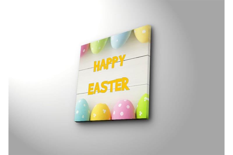 Lerretsbilde 45x45 cm - Fargerike påskeegg med teksten HAPPY EASTER - Gul / Rosa / Grønn - Interiør - Maleri & posters - Lerretsbilder
