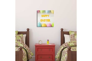 Lerretsbilde 45x45 cm - Fargerike påskeegg med teksten HAPPY EASTER - Gul / Rosa / Grønn - Interiør - Maleri & posters - Lerretsbilder