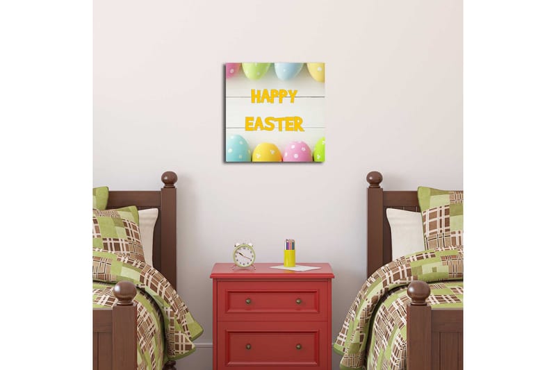 Lerretsbilde 45x45 cm - Fargerike påskeegg med teksten HAPPY EASTER - Gul / Rosa / Grønn - Interiør - Maleri & posters - Lerretsbilder