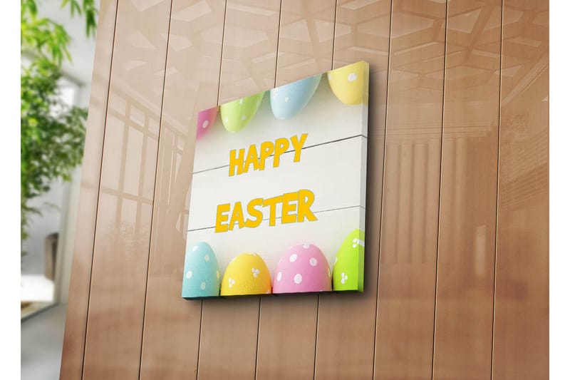 Lerretsbilde 45x45 cm - Fargerike påskeegg med teksten HAPPY EASTER, Gul / Rosa / Grønn