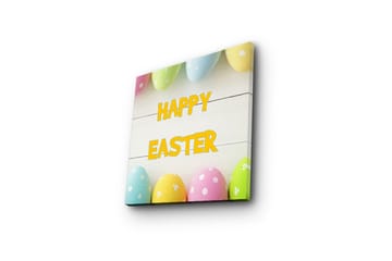 Lerretsbilde 45x45 cm - Fargerike påskeegg med teksten HAPPY EASTER - Gul / Rosa / Grønn - Interiør - Maleri & posters - Lerretsbilder
