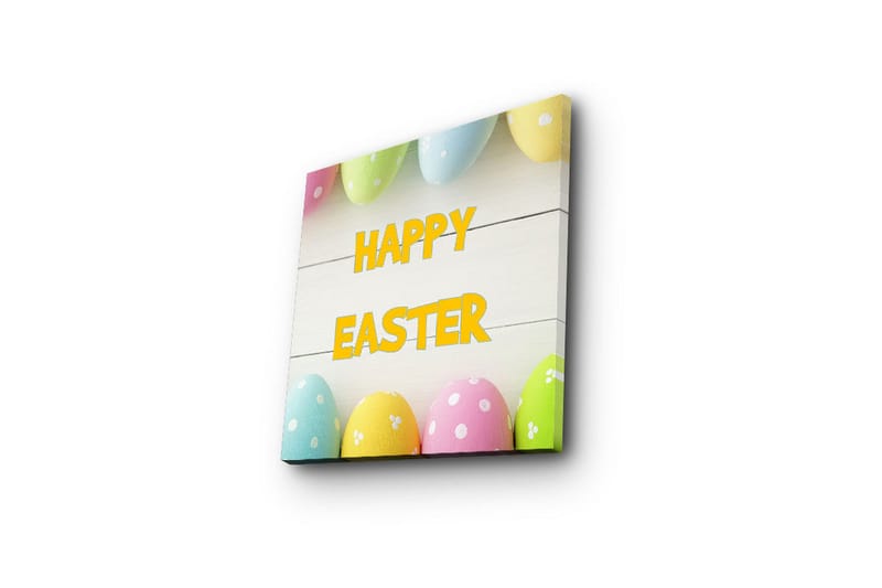 Lerretsbilde 45x45 cm - Fargerike påskeegg med teksten HAPPY EASTER - Gul / Rosa / Grønn - Interiør - Maleri & posters - Lerretsbilder