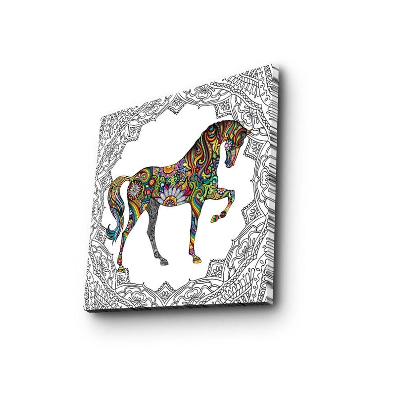Lerretsbilde 45x45 cm - Fargerikt hestemotiv med mønstre og detaljer, Rød / Grønn / Blå