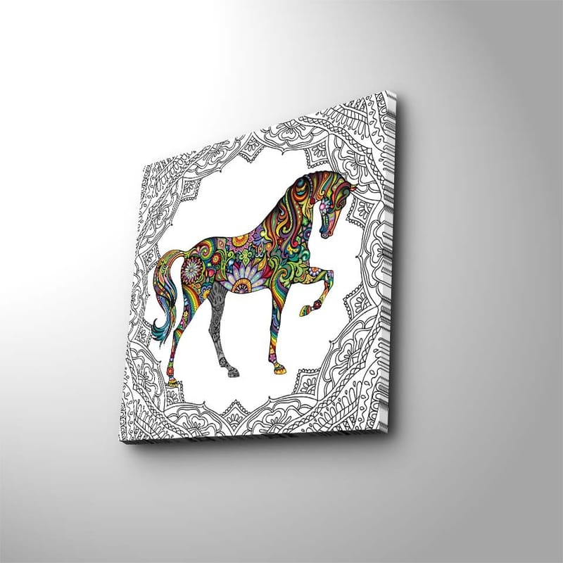 Lerretsbilde 45x45 cm - Fargerikt hestemotiv med mønstre og detaljer - Rød / Grønn / Blå - Interiør - Maleri & posters - Lerretsbilder