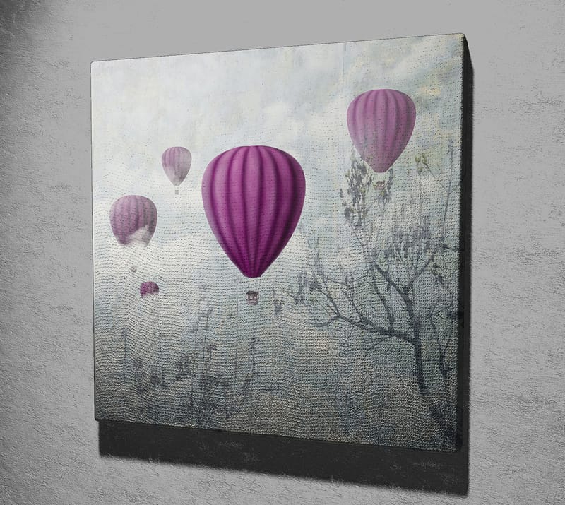 Lerretsbilde 45x45 cm - Flere lilla ballonger som svever over en tåkete himmel - Lilla / Grå / Hvit - Interiør - Maleri & posters - Lerretsbilder
