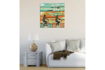 Lerretsbilde 45x45 cm - Folk som sykler og strekker hendene mot hverandre - Turkis / Oransje / Svart - Interiør - Maleri & posters - Lerretsbilder