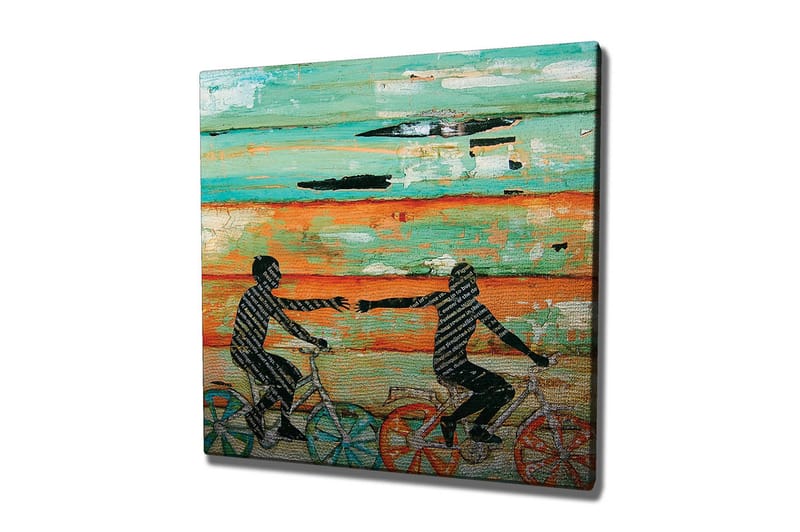 Lerretsbilde 45x45 cm - Folk som sykler og strekker hendene mot hverandre - Turkis / Oransje / Svart - Interiør - Maleri & posters - Lerretsbilder