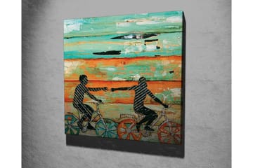 Lerretsbilde 45x45 cm - Folk som sykler og strekker hendene mot hverandre - Turkis / Oransje / Svart - Interiør - Maleri & posters - Lerretsbilder