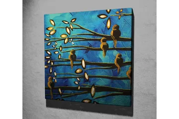 Lerretsbilde 45x45 cm - Fugler på grener mot blå bakgrunn - Blå / Brun / Hvit - Interiør - Maleri & posters - Lerretsbilder