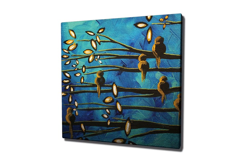 Lerretsbilde 45x45 cm - Fugler på grener mot blå bakgrunn - Blå / Brun / Hvit - Interiør - Maleri & posters - Lerretsbilder
