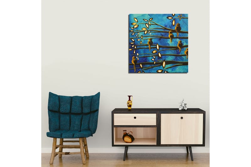 Lerretsbilde 45x45 cm - Fugler på grener mot blå bakgrunn - Blå / Brun / Hvit - Interiør - Maleri & posters - Lerretsbilder