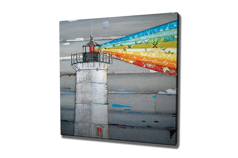 Lerretsbilde 45x45 cm - Fyr med fargerike lysstråler som strekker seg over havet - Grå / Blå / Oransje - Interiør - Maleri & posters - Lerretsbilder