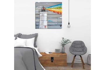 Lerretsbilde 45x45 cm - Fyr med fargerike lysstråler som strekker seg over havet - Grå / Blå / Oransje - Interiør - Maleri & posters - Lerretsbilder