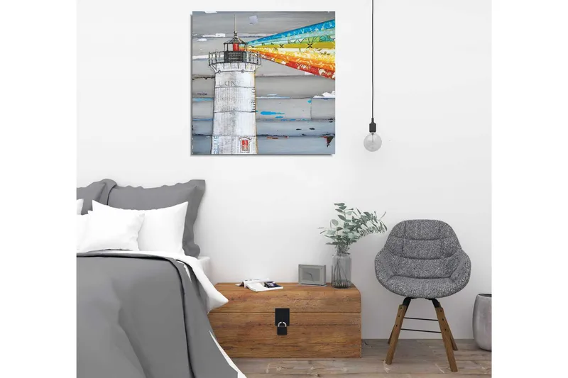 Lerretsbilde 45x45 cm - Fyr med fargerike lysstråler som strekker seg over havet - Grå / Blå / Oransje - Interiør - Maleri & posters - Lerretsbilder