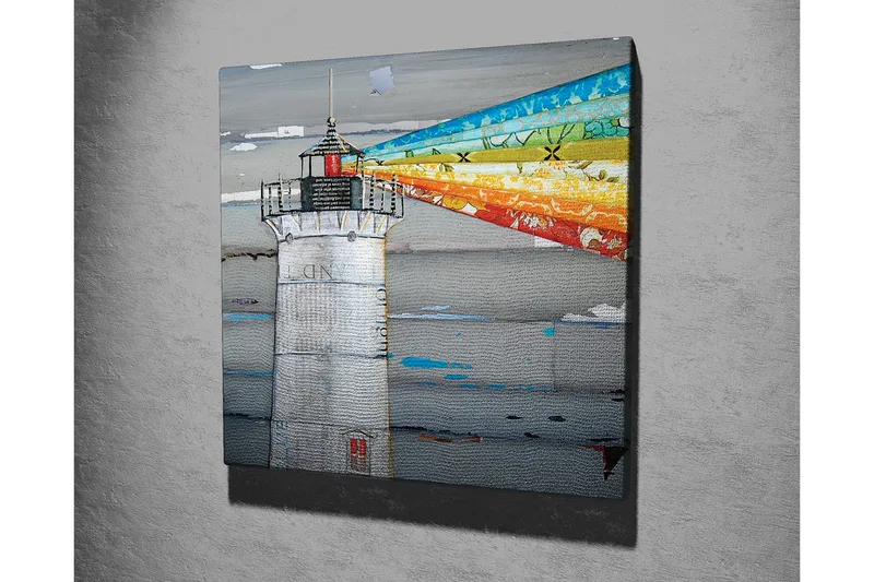 Lerretsbilde 45x45 cm - Fyr med fargerike lysstråler som strekker seg over havet - Grå / Blå / Oransje - Interiør - Maleri & posters - Lerretsbilder