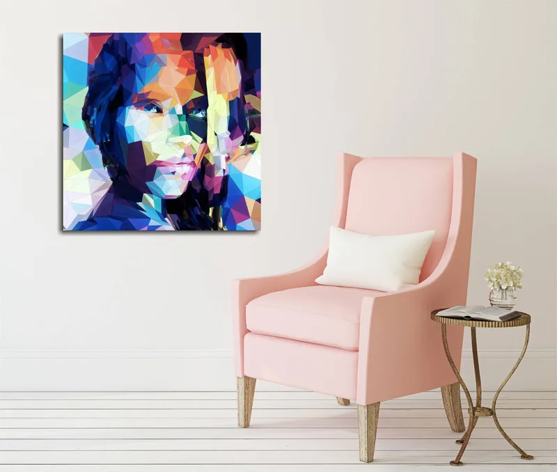 Lerretsbilde 45x45 cm - Geometrisk portrett av en kvinne i fargerik stil, Blå / Rød / Grønn