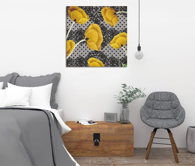 Lerretsbilde 45x45 cm - Gule blomster mot svart og hvit bakgrunn, Gul / Svart / Hvit