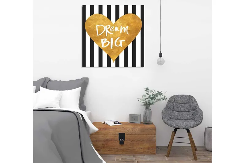 Lerretsbilde 45x45 cm - Gyllent hjerte med inspirerende tekst - Gull / Svart / Hvit - Interiør - Maleri & posters - Lerretsbilder
