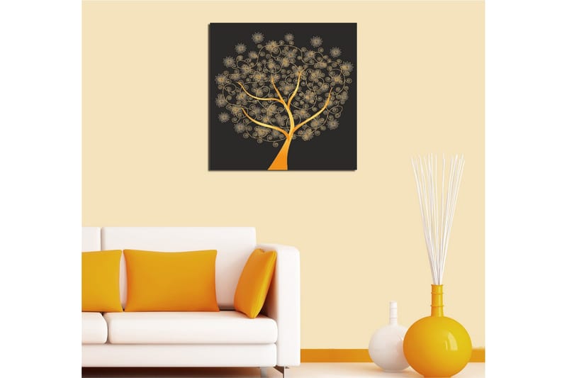 Lerretsbilde 45x45 cm - Gyllent tre med spiraler og blomster - Gull / Svart - Interiør - Maleri & posters - Lerretsbilder