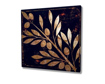 Lerretsbilde 45x45 cm - Gyllent plantemotiv med blader og bær på mørk bakgrunn - Gull / Mørkeblå - Interiør - Maleri & posters - Lerretsbilder