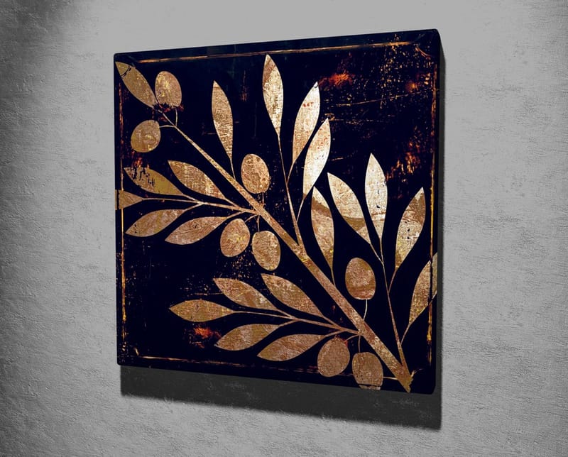 Lerretsbilde 45x45 cm - Gyllent plantemotiv med blader og bær på mørk bakgrunn - Gull / Mørkeblå - Interiør - Maleri & posters - Lerretsbilder