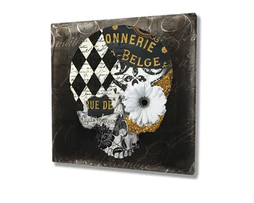 Lerretsbilde 45x45 cm - Hodeskalle med blomster og geometriske mønstre - Svart / Hvit / Gul - Interiør - Maleri & posters - Lerretsbilder