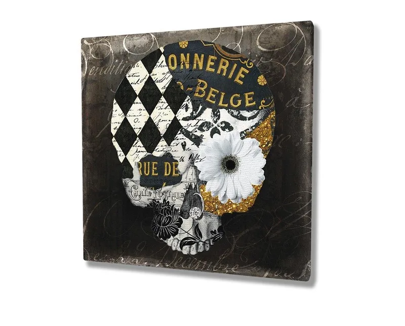 Lerretsbilde 45x45 cm - Hodeskalle med blomster og geometriske mønstre - Svart / Hvit / Gul - Interiør - Maleri & posters - Lerretsbilder