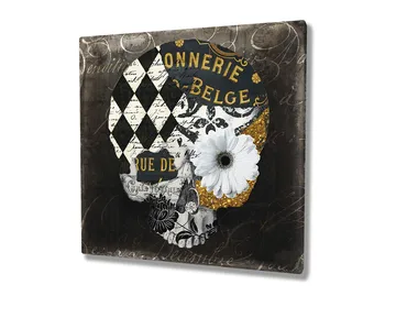 Lerretsbilde 45x45 cm - Hodeskalle med blomster og geometriske mønstre - Svart / Hvit / Gul - Interiør - Maleri & posters - Lerretsbilder