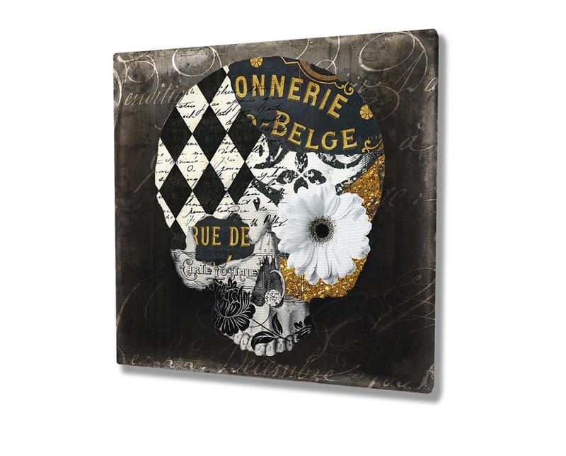 Lerretsbilde 45x45 cm - Hodeskalle med blomster og geometriske mønstre - Svart / Hvit / Gul - Interiør - Maleri & posters - Lerretsbilder