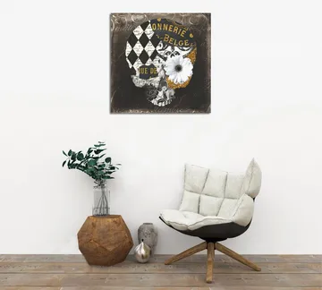 Lerretsbilde 45x45 cm - Hodeskalle med blomster og geometriske mønstre - Svart / Hvit / Gul - Interiør - Maleri & posters - Lerretsbilder
