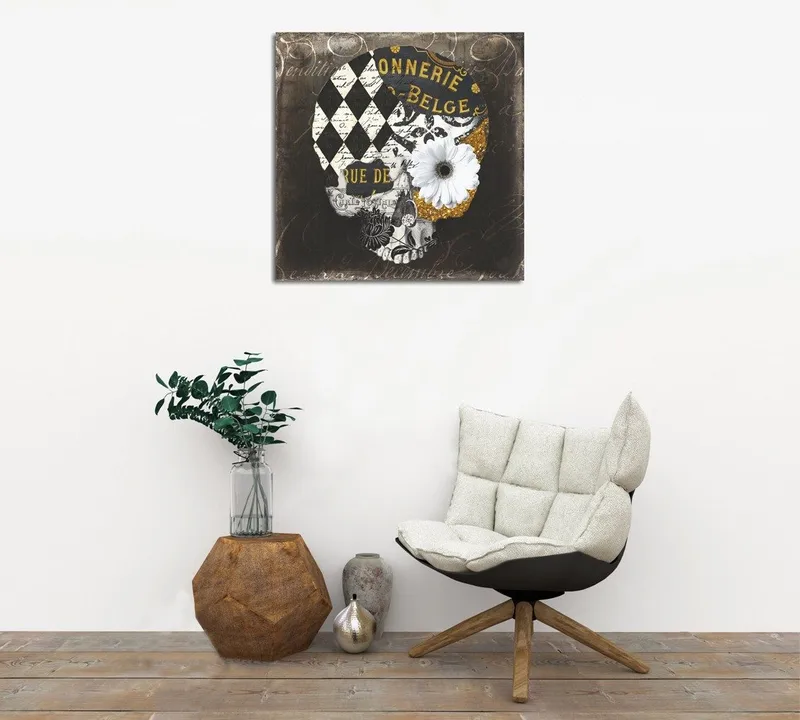 Lerretsbilde 45x45 cm - Hodeskalle med blomster og geometriske mønstre, Svart / Hvit / Gul