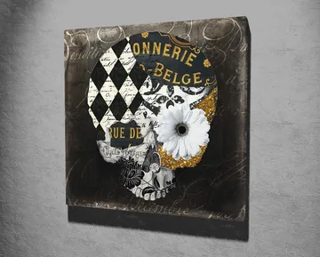 Lerretsbilde 45x45 cm - Hodeskalle med blomster og geometriske mønstre - Svart / Hvit / Gul - Interiør - Maleri & posters - Lerretsbilder