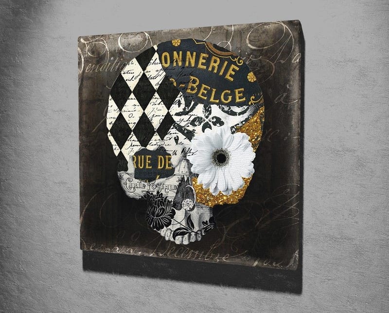 Lerretsbilde 45x45 cm - Hodeskalle med blomster og geometriske mønstre - Svart / Hvit / Gul - Interiør - Maleri & posters - Lerretsbilder