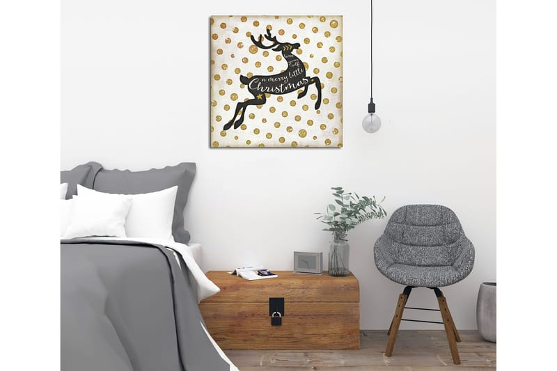 Lerretsbilde 45x45 cm - Hoppende reinsdyr med julehilsen - Svart / Gull / Hvit - Interiør - Maleri & posters - Lerretsbilder
