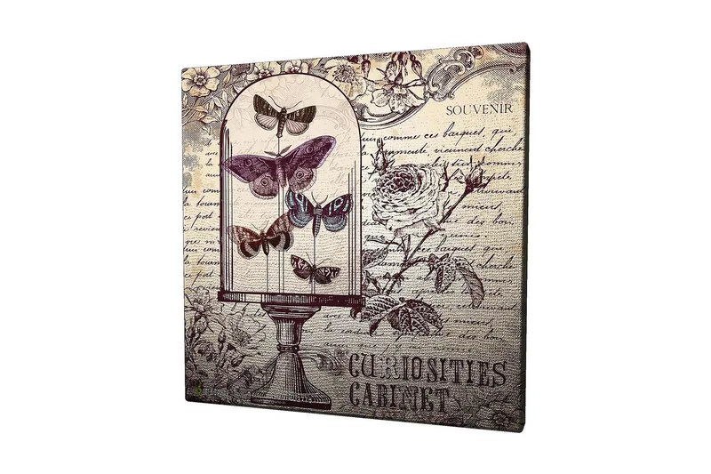 Lerretsbilde 45x45 cm - Insekter i en glassbolle med blomster og håndskrevet tekst i bakgrunnen, Lilla / Grå / Beige