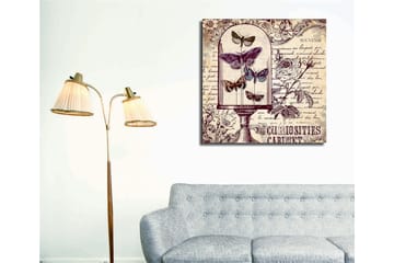 Lerretsbilde 45x45 cm - Insekter i en glassbolle med blomster og håndskrevet tekst i bakgrunnen - Lilla / Grå / Beige - Interiør - Maleri & posters - Lerretsbilder