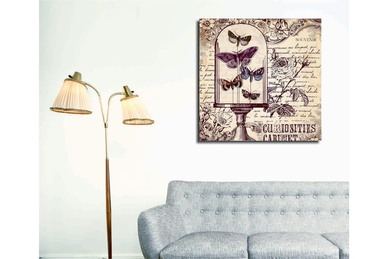 Lerretsbilde 45x45 cm - Insekter i en glassbolle med blomster og håndskrevet tekst i bakgrunnen - Lilla / Grå / Beige - Interiør - Maleri & posters - Lerretsbilder