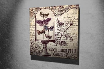 Lerretsbilde 45x45 cm - Insekter i en glassbolle med blomster og håndskrevet tekst i bakgrunnen - Lilla / Grå / Beige - Interiør - Maleri & posters - Lerretsbilder