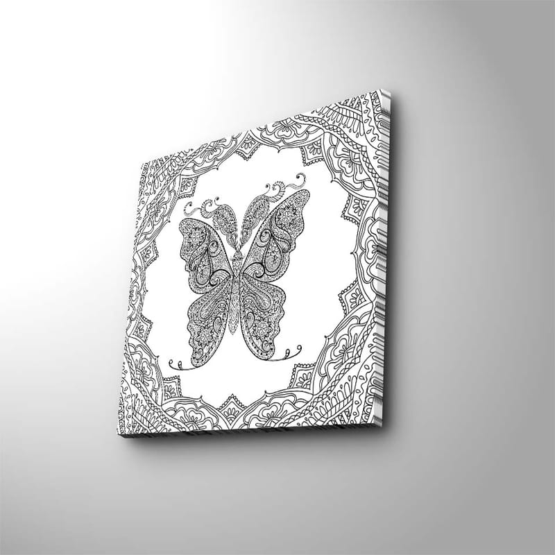 Lerretsbilde 45x45 cm - Intrikat mønster av en sommerfugl omgitt av dekorative detaljer - Svart / Hvit - Interiør - Maleri & posters - Lerretsbilder