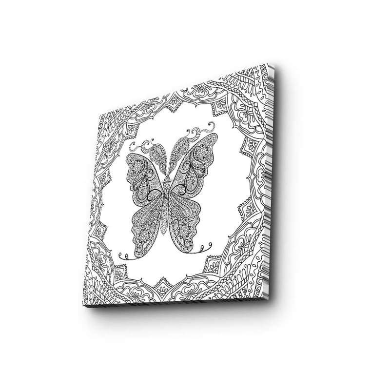 Lerretsbilde 45x45 cm - Intrikat mønster av en sommerfugl omgitt av dekorative detaljer, Svart / Hvit