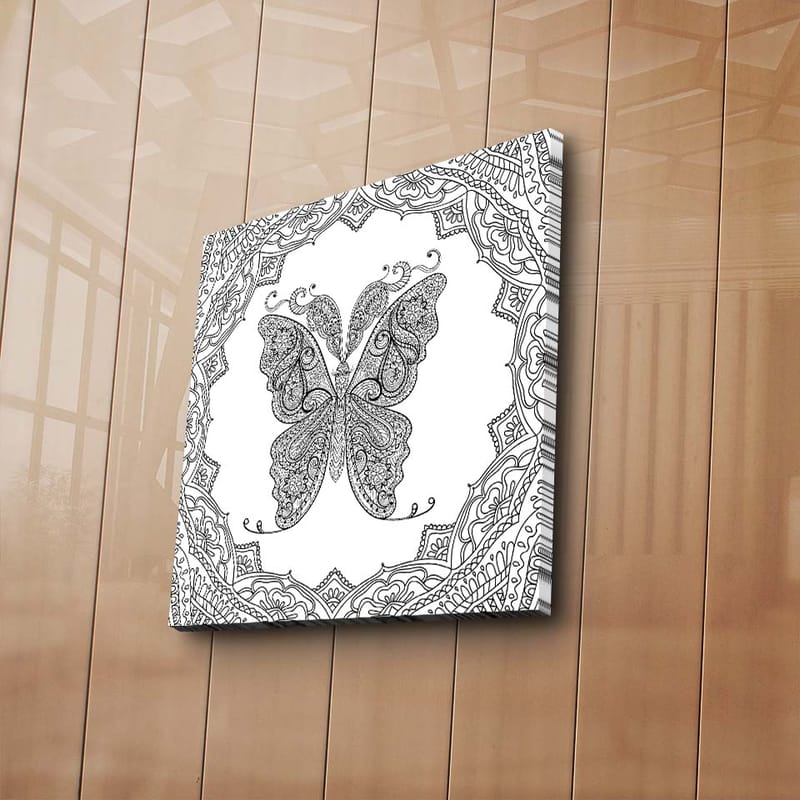 Lerretsbilde 45x45 cm - Intrikat mønster av en sommerfugl omgitt av dekorative detaljer - Svart / Hvit - Interiør - Maleri & posters - Lerretsbilder