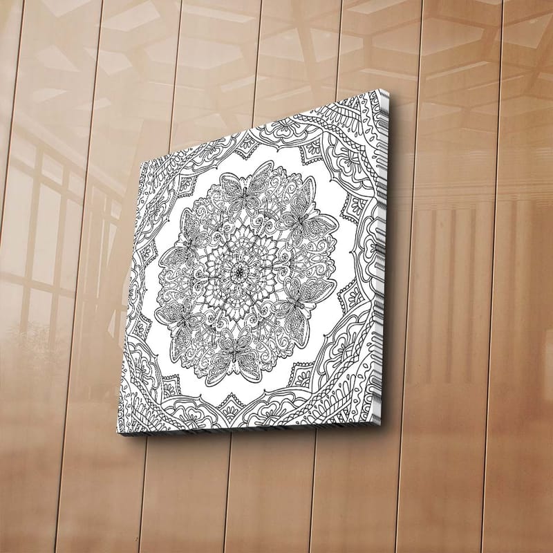 Lerretsbilde 45x45 cm - Intrikat mandala med sommerfugler og blomster - Svart / Hvit - Interiør - Maleri & posters - Lerretsbilder